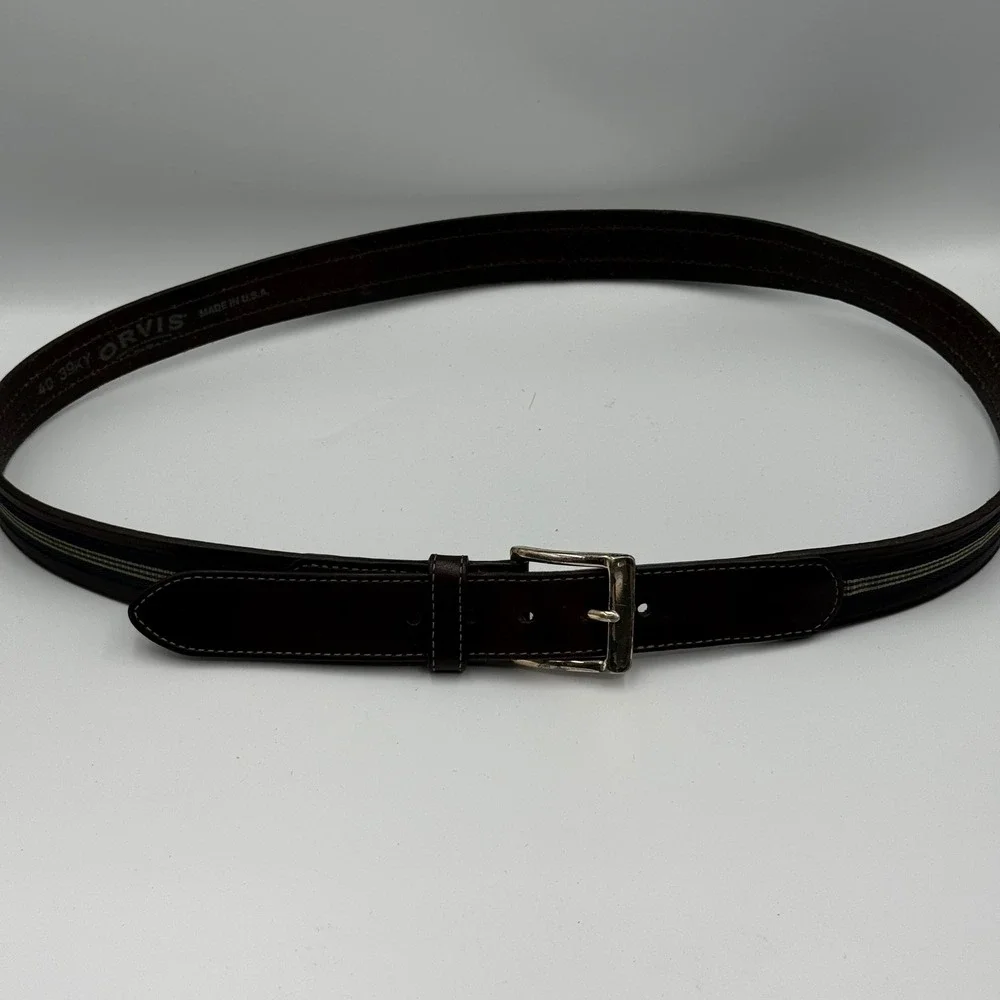 Orvis Mens Leather Belt 40 Brown Ribbon Inlay Stripe Made in USA‎ 39KY